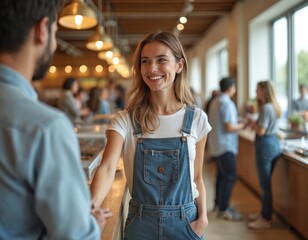 Young smiling woman, possibly barista shop assistant, interacts with customer at counter. Busy cafe, retail store setting with customers in background. Casual denim overalls outfit, friendly service,