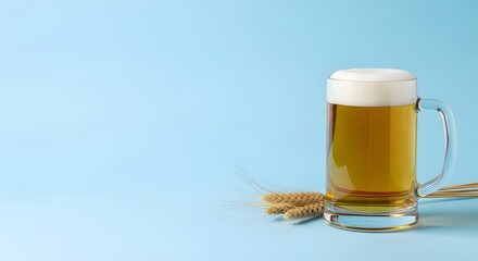 Mug of fresh light beer with wheat and a blue wall. Banner template for advertising a brewery, beer festivals and International Beer Day with space for text