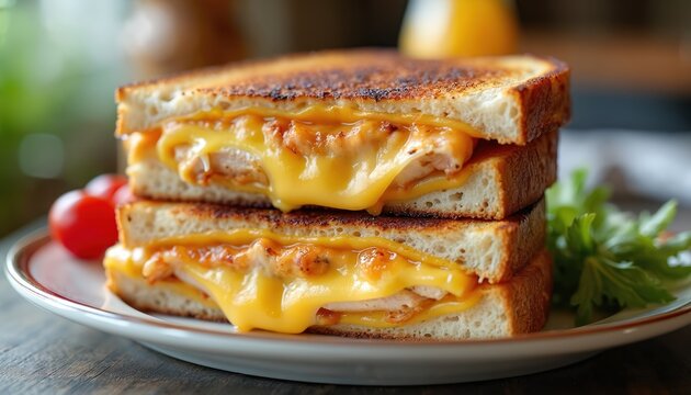 Grilled chicken cordon bleu sandwich featuring melted swiss cheese, crispy sourdough bread, hint of dijon mustard. Gourmet delight offers savoury, comforting, flavourful meal experience, perfect for