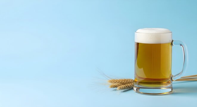 Mug of fresh light beer with wheat and a blue wall. Banner template for advertising a brewery, beer festivals and International Beer Day with space for text
