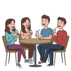 Obraz premium 4 friends sit at a round table enjoying milkshakes in a bright cheerful setting