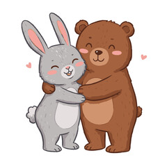 Obraz premium Adorable hugging bear and bunny illustration with happy faces