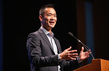 Asian man in suit speaks at podium with microphone. Gesturing hands convey message at business conference. Pro presentation on stage, engaging speaker, leadership communication.