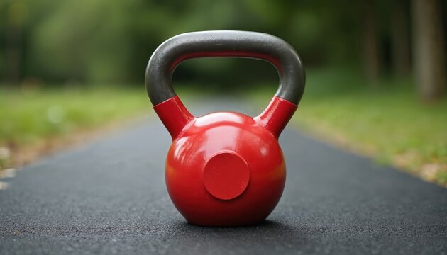 Red kettlebell rests on black rubber mat outdoors. This heavy iron weight is ideal for strength training, exercise, physical fitness. Equipment promotes healthy active lifestyle, muscle building.