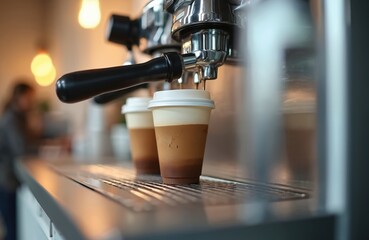 Espresso machine brews coffee into two takeaway cups. Modern office coffee station offers hot drinks for employees. Clean bright interior, blurred background highlights workplace amenities.