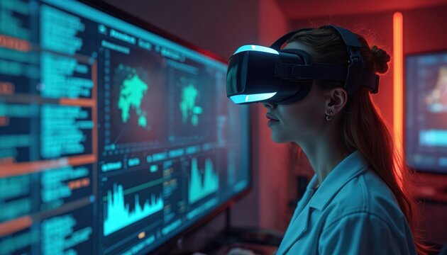 Woman uses virtual reality headset interacting with complex data visualization on computer screen. Digital graphics display coding, algorithms, network analysis in real-time. Immersive technology for