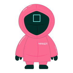 Illustration of faceless figure in pink hooded outfit with square symbol mask and Manager text on the chest, isolated on transparent background. Vector art