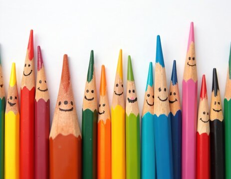 Collection of colorful pencils with happy faces drawn on tips, arranged against white background. Pencils feature vibrant colors like red, yellow, green, blue, pink, suggesting art, creativity,