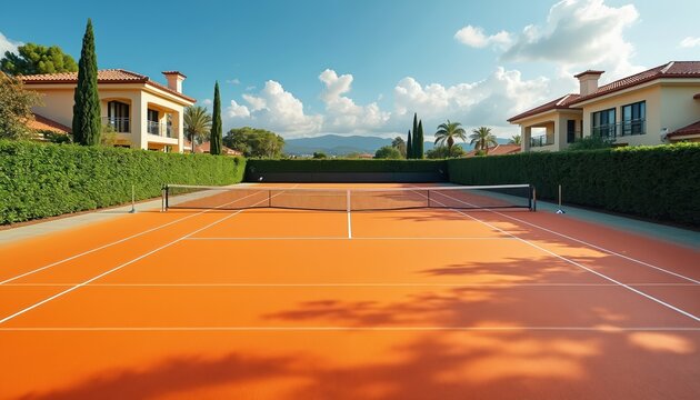 Bright orange tennis court with white lines, net, empty professional sports field ideal for training competition. Rich green hedges, luxurious houses frame recreational area under clear blue sky with