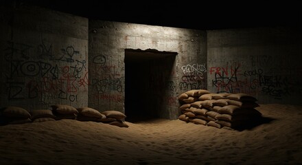 Exploring abandoned bunker with sandbags and graffiti art in the dark of night for urban exploration