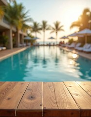 Empty wooden table in front of blurred swimming pool. Palm trees, lounge chairs, and umbrellas create a tropical resort ambiance. Perfect for showcasing products or relaxation themes.