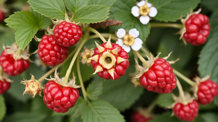 raspberries, red raspberries, red berries, fresh raspberries, raspberry bush, raspberry plant, raspberries with leaves, raspberries with flowers, raspberries close-up, detailed raspberries, realist