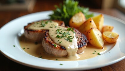 Juicy pork medallions with creamy peppercorn sauce, roasted potatoes. Savoury pork meat, rich sauce, tender potato wedges garnished with fresh parsley. Delicious meal, artful plating for fine dining,