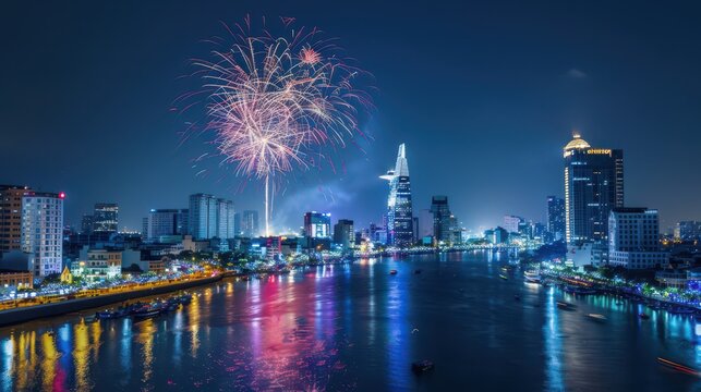 Celebrating national day of vietnam with fireworks and city skyline reflections