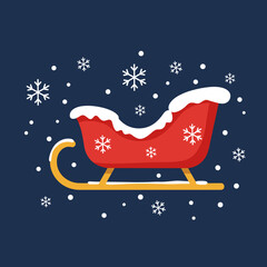 Red sleigh with snowflakes on a dark blue background, vector, seamless pattern, design for decor, print, package