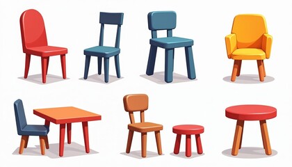 Collection of cartoon chairs, tables, stools in various styles. Includes red, blue, yellow, orange furniture sets. Modern simple wooden designs for home, office, apartment, room, living, kitchen,