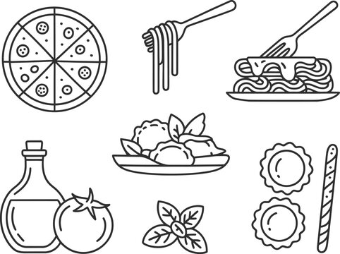 Hand drawn italian food icons featuring pizza pasta lasagna and more