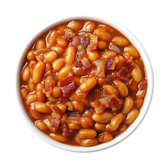 A bowl of baked beans topped with bacon pieces, presented in a white dish.