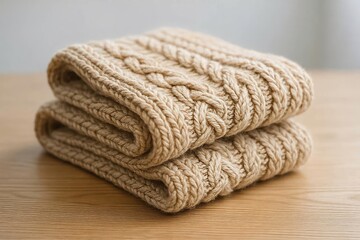 Folded beige knitted wool scarf on wooden surface