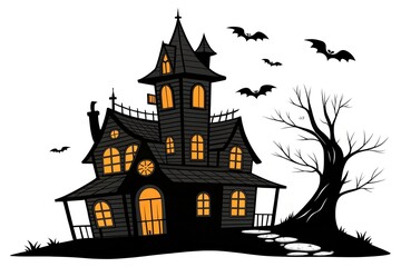 A spooky haunted house with glowing windows and bats flying under a dark sky, isolated on white background