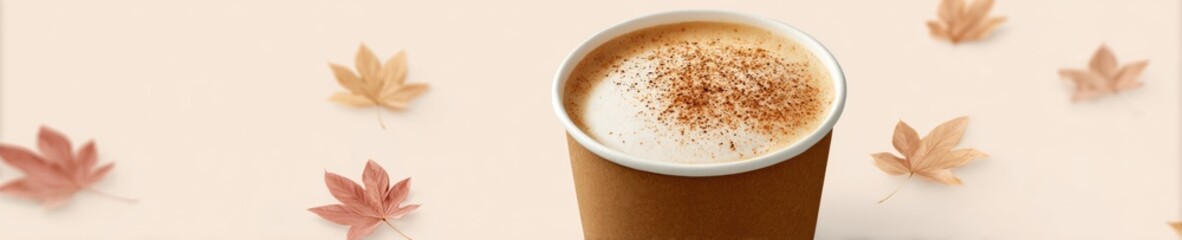 Cozy autumn pumpkin spice latte in a paper cup surrounded by falling leaves
