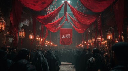Obraz premium Crimson Procession: A solemn gathering under a canopy of red.