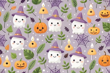 Naklejka premium A charming halloween seamless pattern with adorable ghosts wearing purple witch hats and happy pumpkins