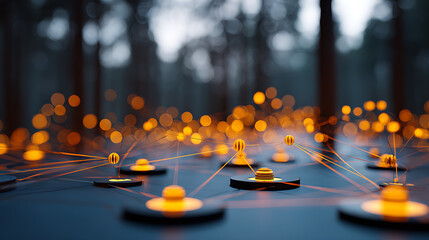 Abstract Network Visualization Glowing Orange Nodes Connected by Thin Lines Dark Blue Background Blurred Forest Backdrop