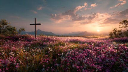 Christian cross flowers field sunset background easter sunrise religion faith hope love jesus christ god