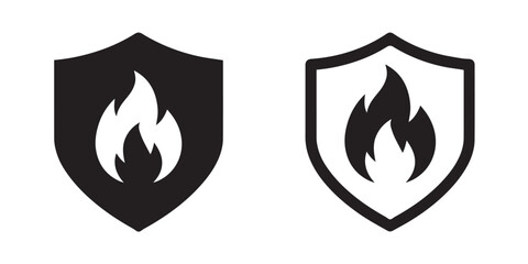 Fire Protection Shield Icons – Black and White Flame Symbols in Security Badge Shape for Safety and Risk Prevention Design