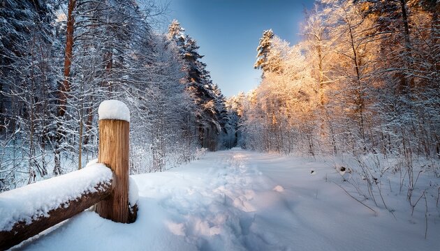 snowy wooden post on winter path in forest