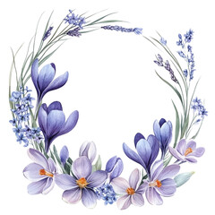 Obraz premium Vintage spring illustration of wreath made of crocuses, lilies of the valley, and thyme in watercolor, isolated on transparent background 