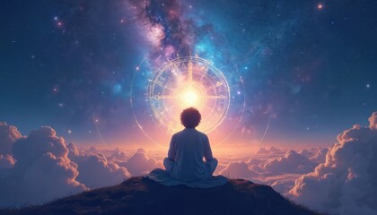 Person meditates atop hill against vibrant nebula sky with astrological wheel. Clouds below glow with sunrise hues. Illustration guides spiritual growth, inner peace, cosmic connection,
