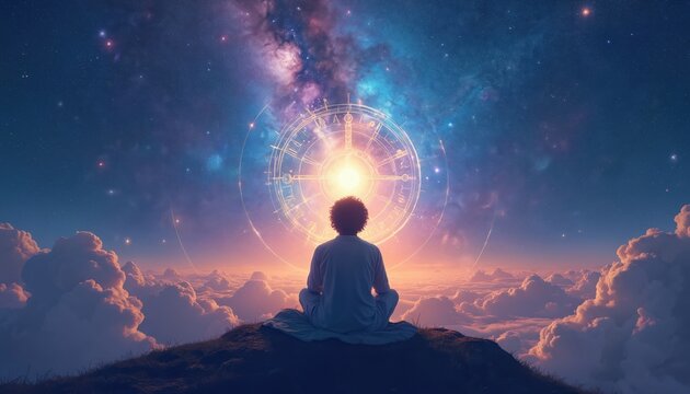 Person meditates atop hill against vibrant nebula sky with astrological wheel. Clouds below glow with sunrise hues. Illustration guides spiritual growth, inner peace, cosmic connection,