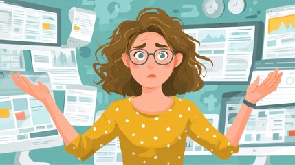 Woman overwhelmed by paperwork and screens