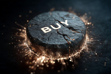 Cracked “BUY” button with sparks on dark digital background