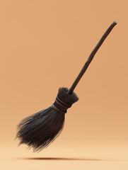 Flying witch broom levitating on beige background in minimalist style