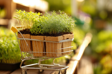 Mini shopping cart with green seedlings and herbs in spring sunlight