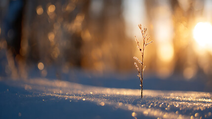 Closeup of a Delicate Frost Covered Twig at Sunset in a Snowy Winter Landscape Golden Hour Light Illuminates the Scene