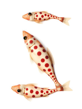 Ancient colorful illustration of Two-Spotted Clingfish (Diplecogaster bimaculata), top view of three little pinkish exemplars, isolated elements on white background. By Edward Donovan. London 1802