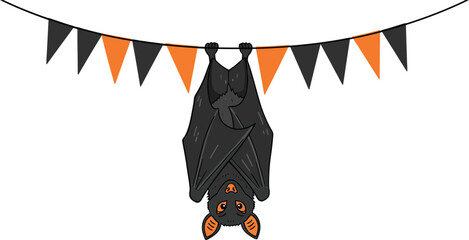Halloween bat hanging upside down with orange and black flags decoration vector illustration