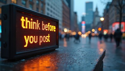 Digital display reads Think Before Post on urban street. Message serves as caution for online communication, content sharing. City background with bokeh lights, blurred pedestrians. Promotes digital