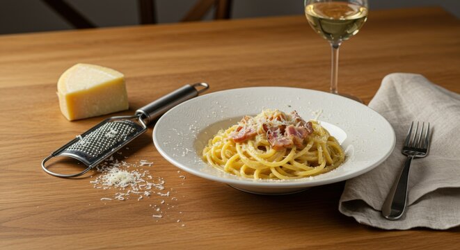 Close up of carbonara pasta with cheese grater and wine on a wooden table surface setting