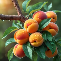 ripe apricots on a tree, ripe apricots on a branch,Ripe, sweet apricots hang heavy on a leafy branch, a healthy and organic summer harvest from the orchard