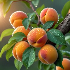 ripe apricots on a tree, ripe apricots on a branch,Ripe, sweet apricots hang heavy on a leafy branch, a healthy and organic summer harvest from the orchard