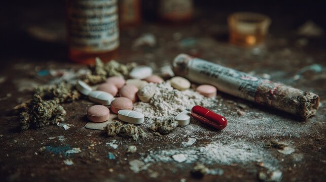 Dark Depiction of Drug Abuse: Pills, Marijuana, and Powder on a Grungy Surface