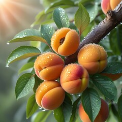 ripe apricots on a tree, ripe apricots on a branch,Ripe, sweet apricots hang heavy on a leafy branch, a healthy and organic summer harvest from the orchard
