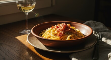A bowl of carbonara pasta with bacon and a glass of white wine on a wooden table in sunlight