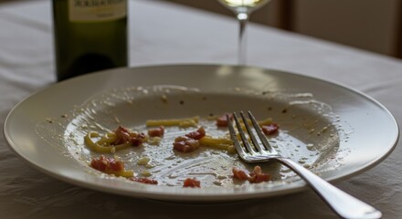 Empty plate with fork and remnants of food after a meal with wine in the background view