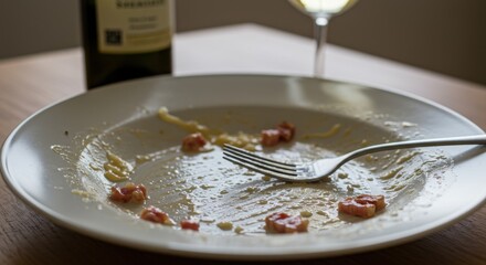 A close up of a mostly empty plate with food remnants and a fork next to a wine bottle and glass